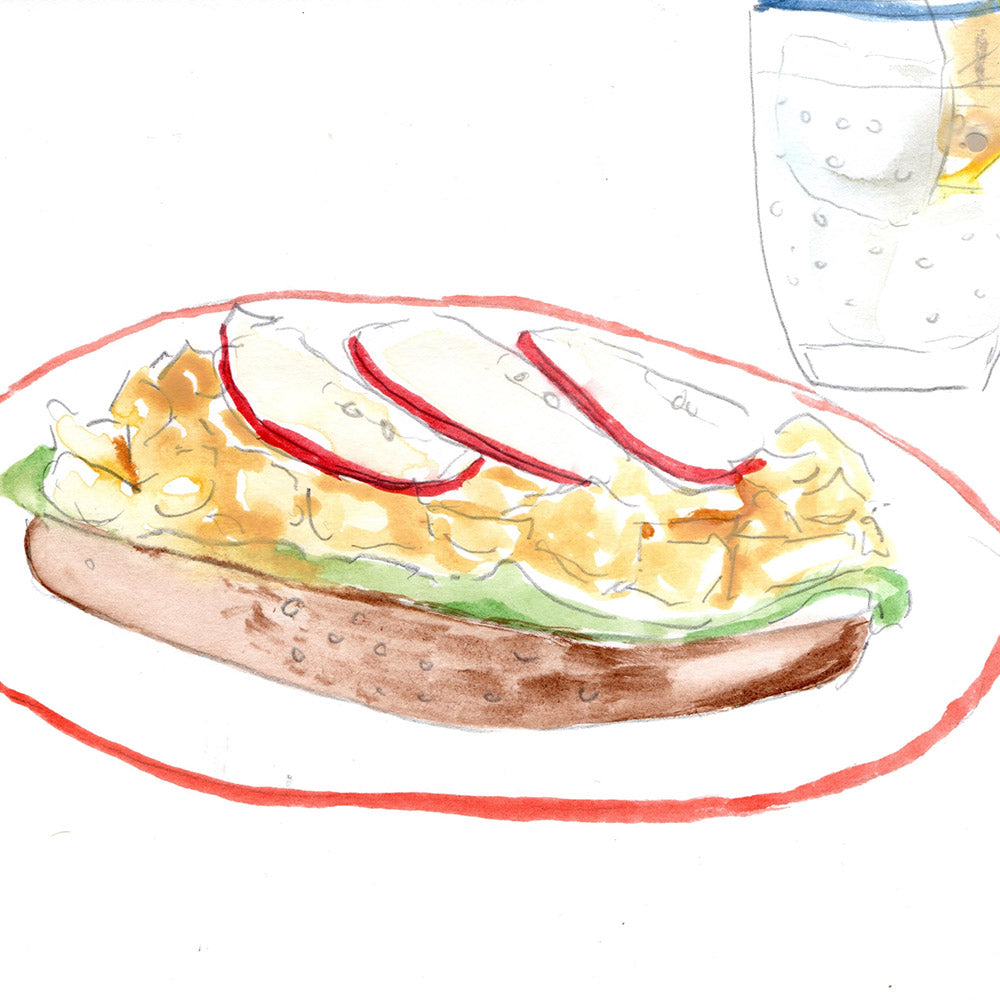 Sam's Odd Pairing: Thinly sliced apple, egg salad sandwich with Maharani Gin